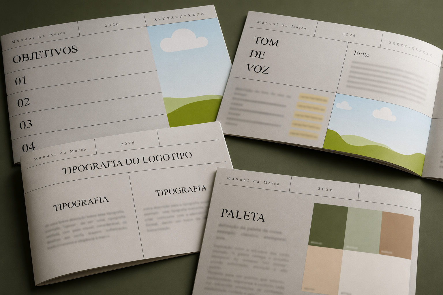 Composição editorial com páginas internas do Brandbook parcialmente visíveis